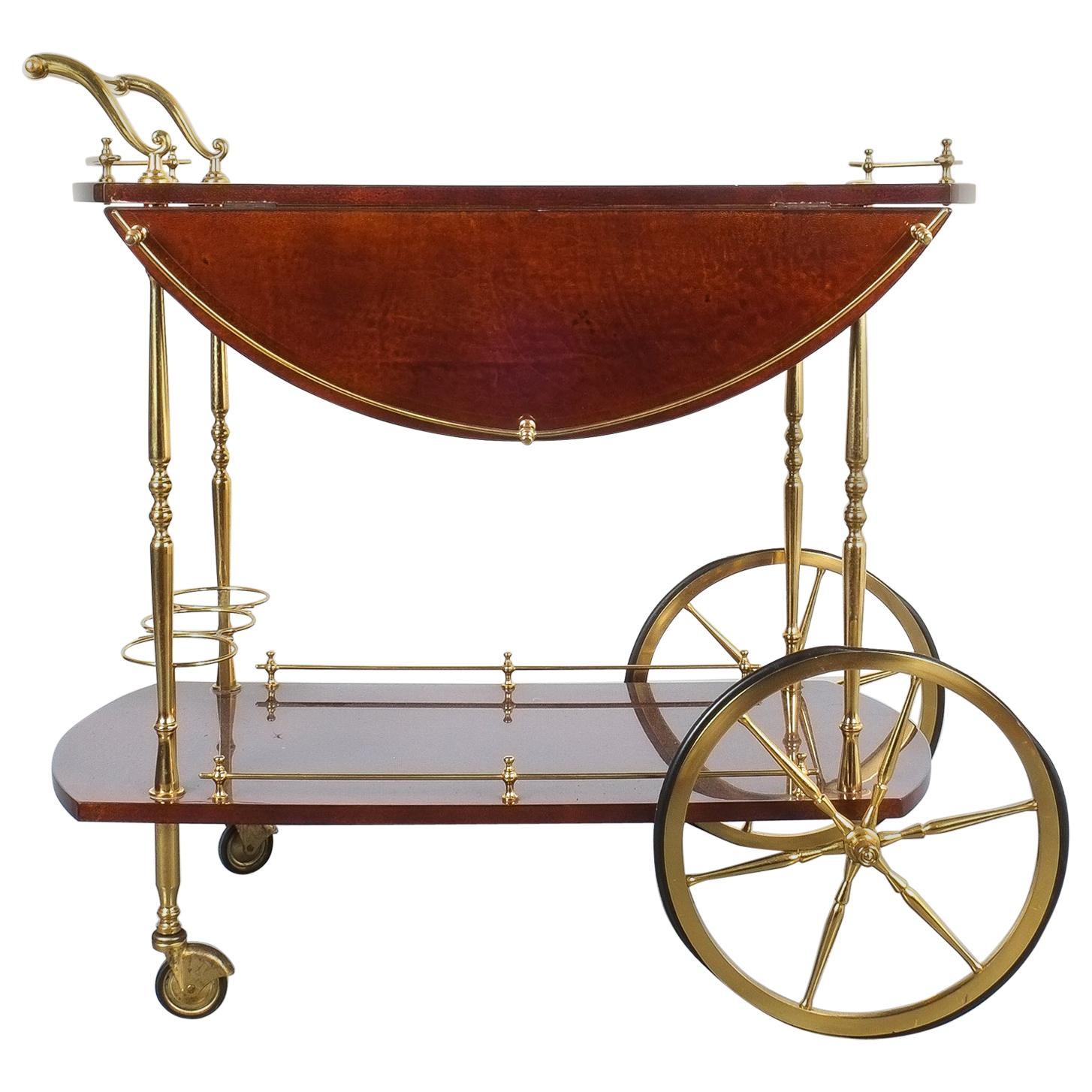 Aldo Tura Adjustable Brown Parchment Brass Bar Cart, 1960