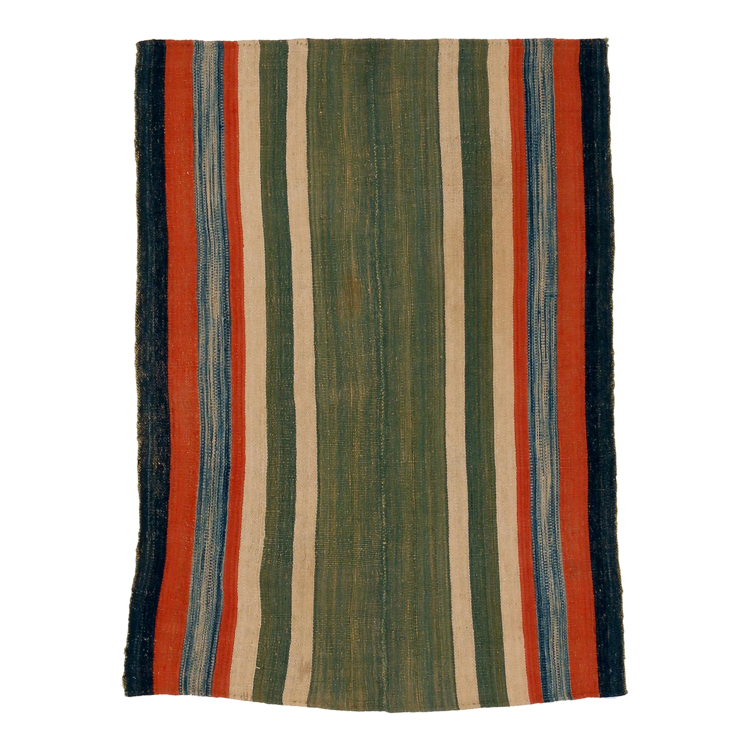 Antique Tribal Jajim Rug with Vertical Polychrome Stripes on a Green Ground