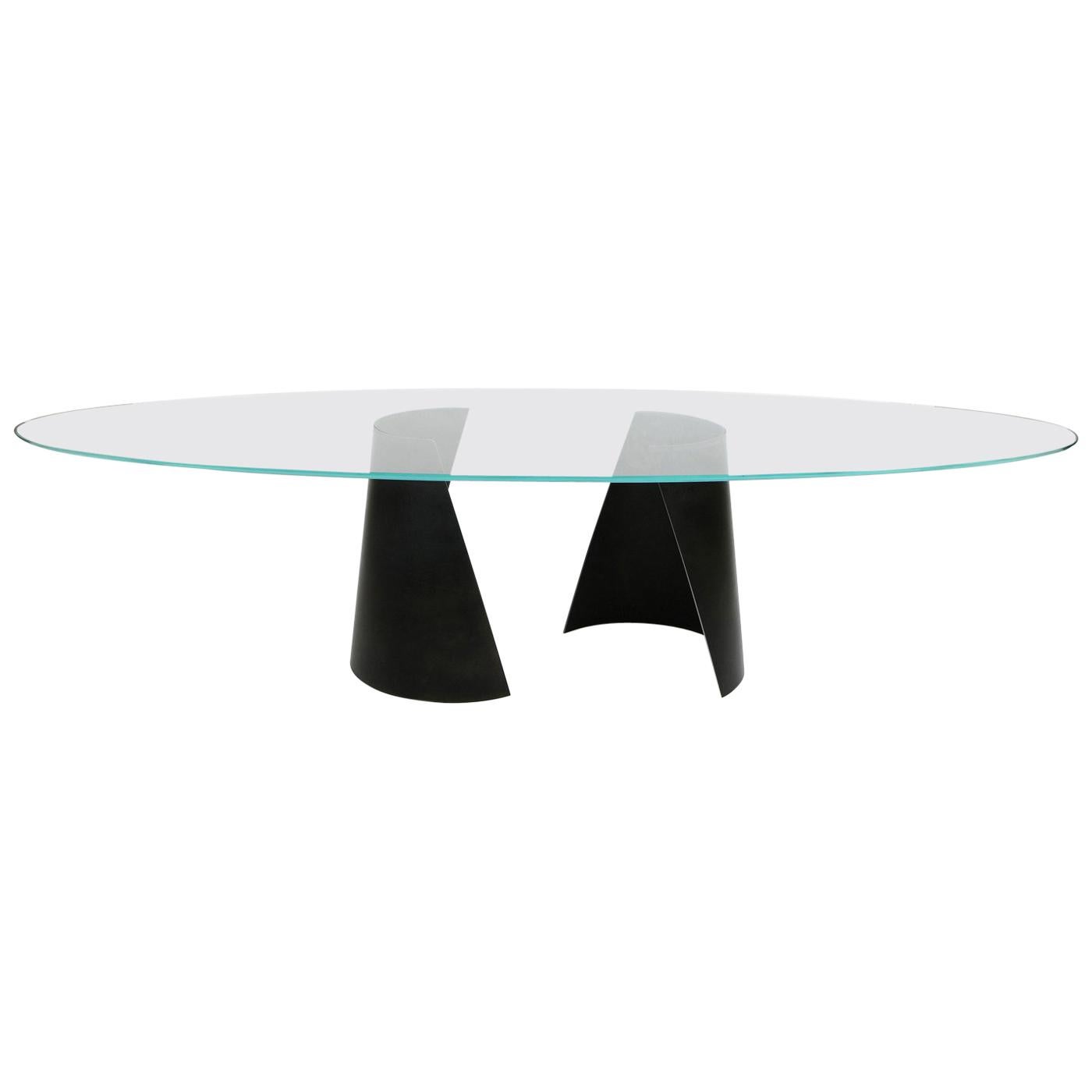Serra - Table inspired by Richard Serra with glass top and steel base im Angebot
