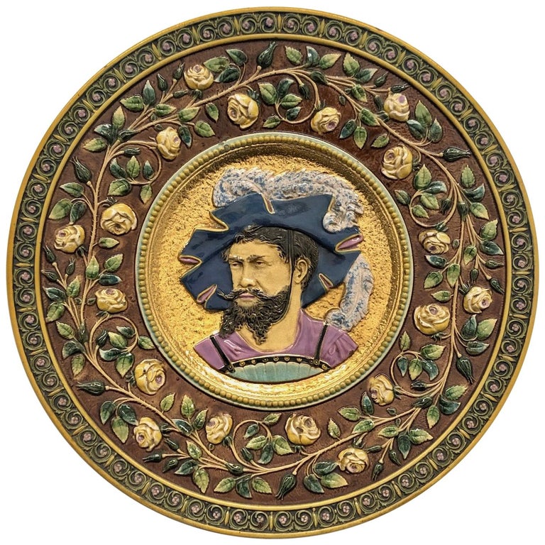 Late 19th Century Hand Painted Majolica Plate with Nobleman Portrait German For Sale