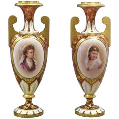 Pair of Ruby Red Glass Urns with Portraits, Bohemia, 19th Century