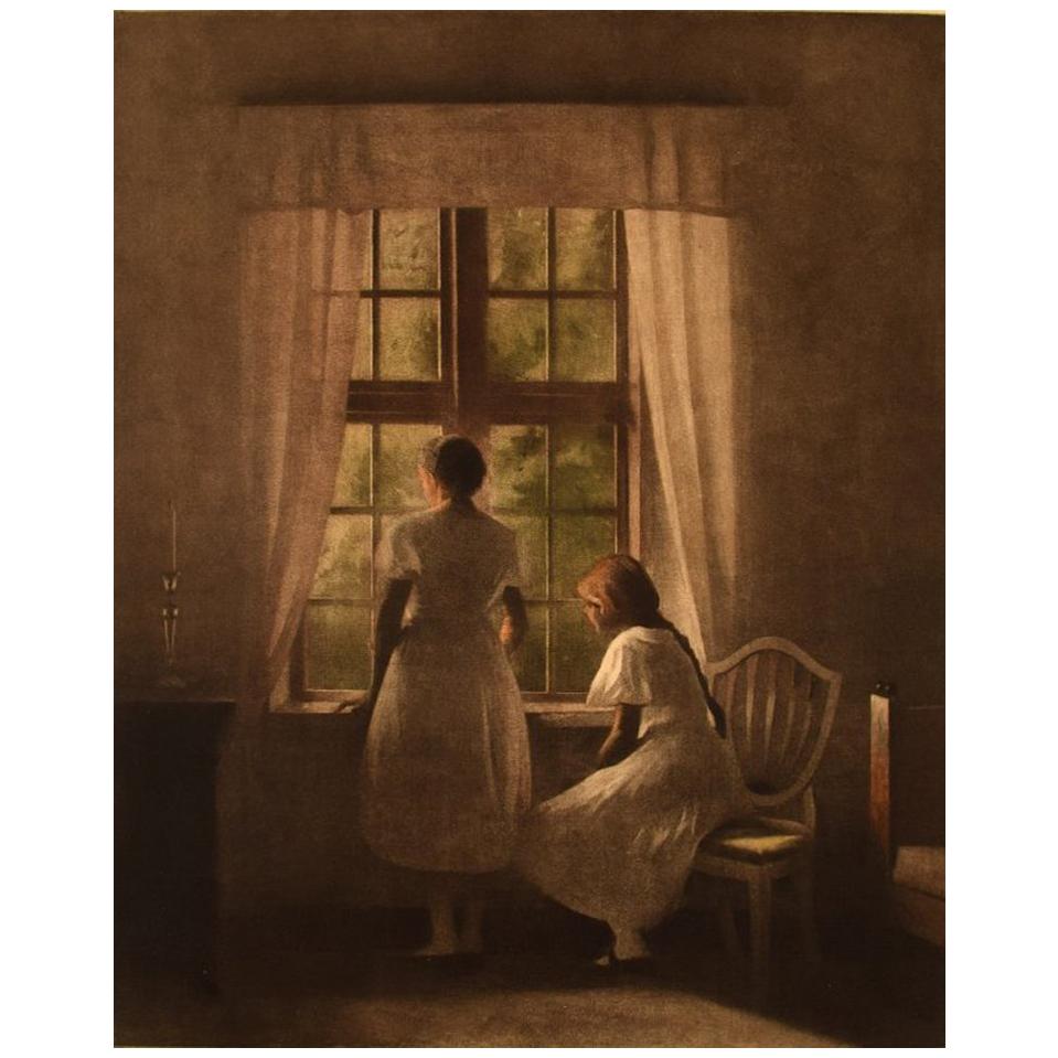 Peter Ilsted "Interior with Two Girls at the Window, " Mezzotint in Colors