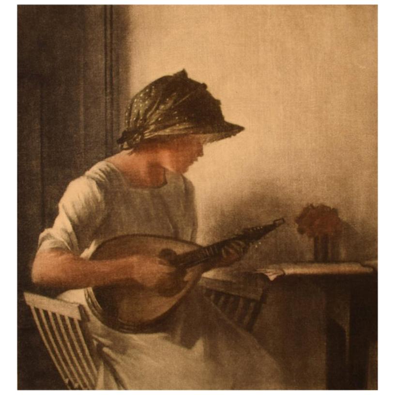Peter Ilsted, Interior with Mandolin Playing Young Woman, Mezzotinte