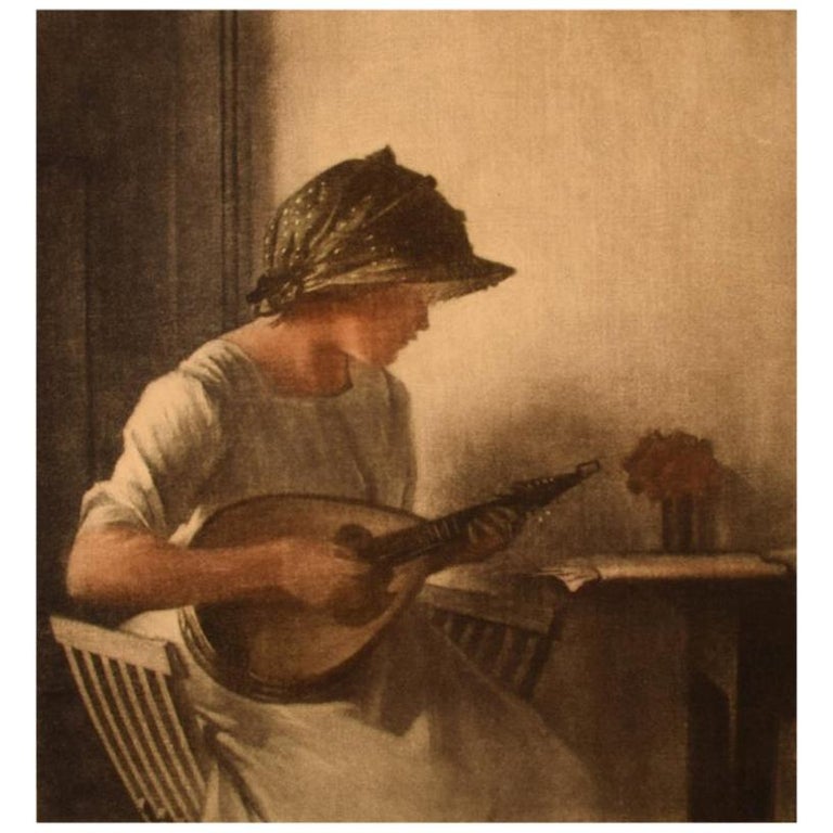 Peter Ilsted, Interior with Mandolin Playing Young Woman, Mezzotinte For Sale