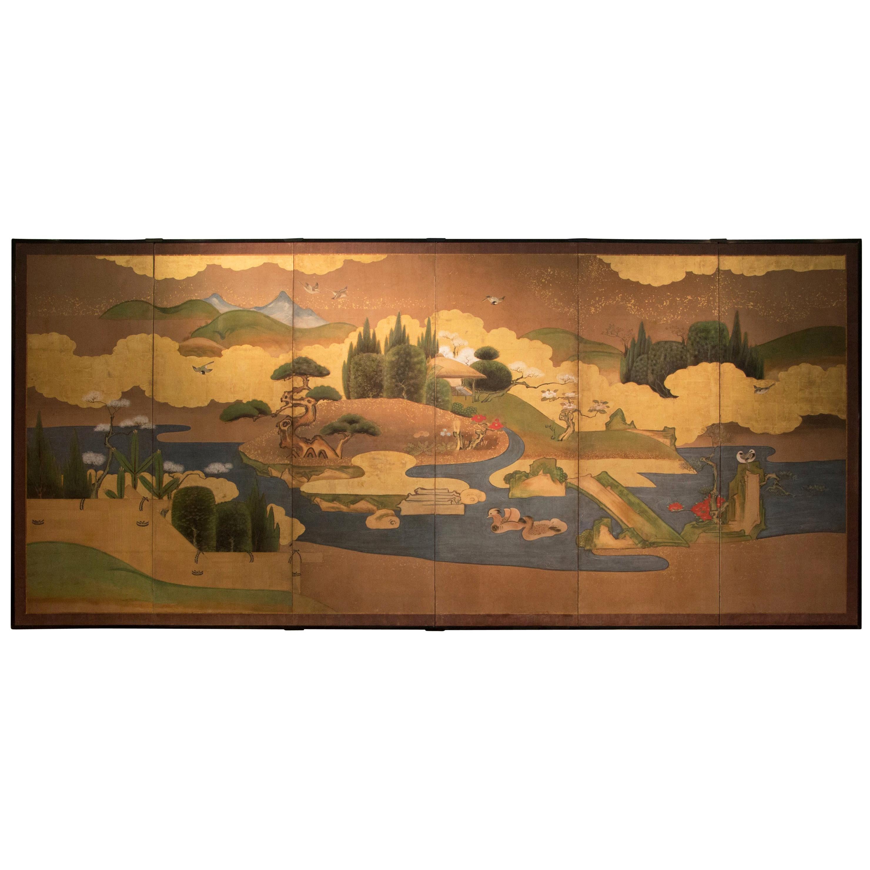 Antique Japanese Six-Panel Landscape Screen Byobu