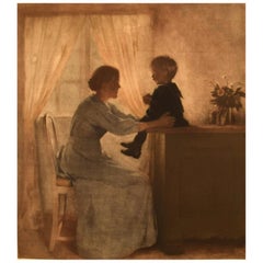 Rare Peter Ilsted, Interior with Mother and Child, Mezzotinte