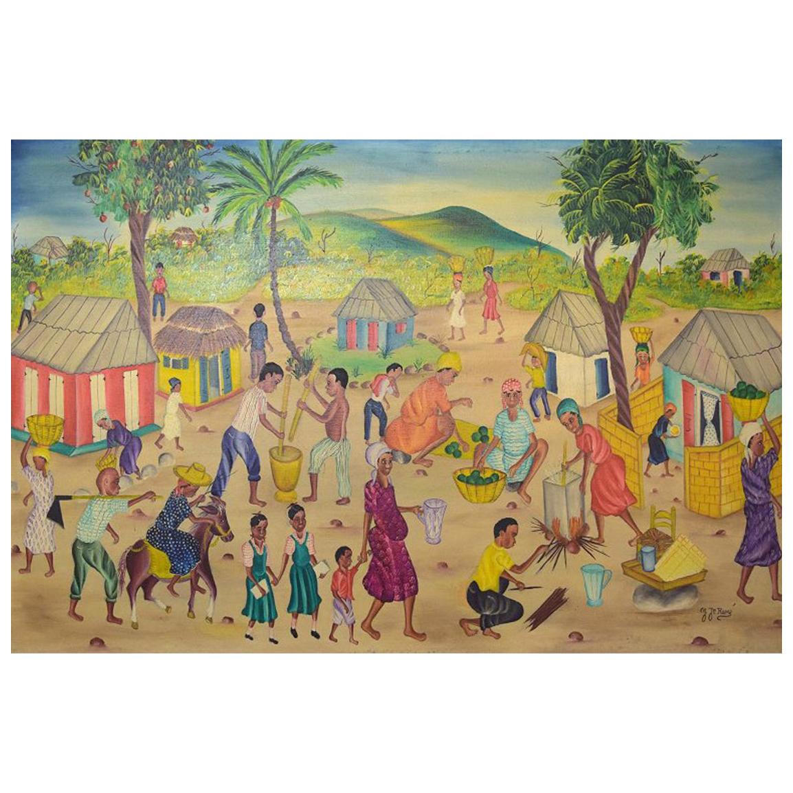 Y. Jn. René René, Haitianischer Künstler, Schule des Naivismus, Öl auf Leinwand, 1970er Jahre im Angebot