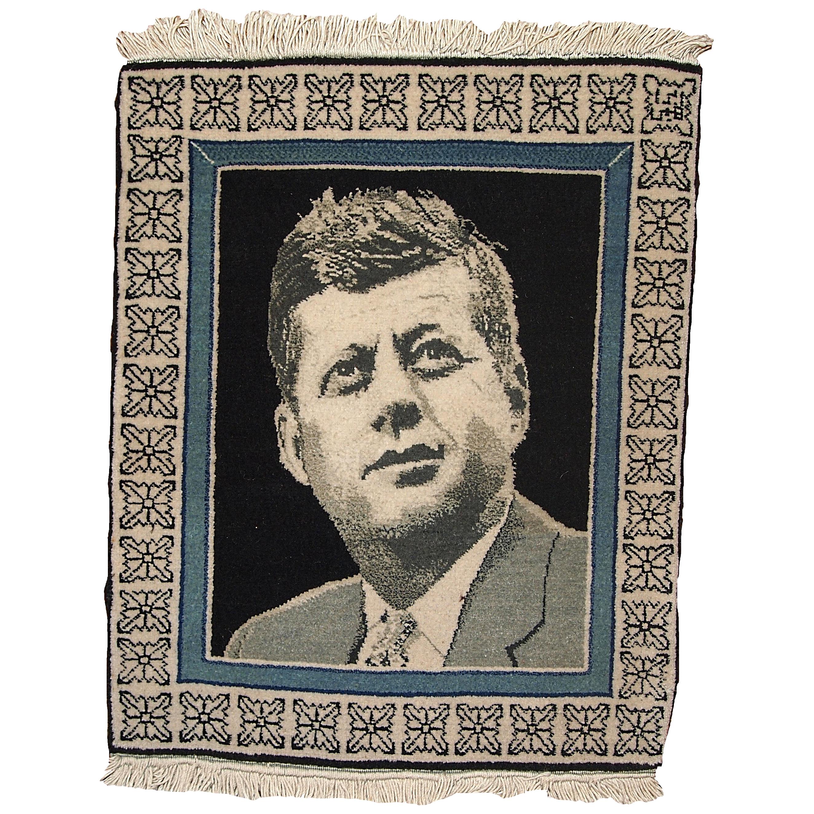 Handmade Vintage Tabriz Style Kennedy Portrait Rug, 1980s, 1B365 For Sale