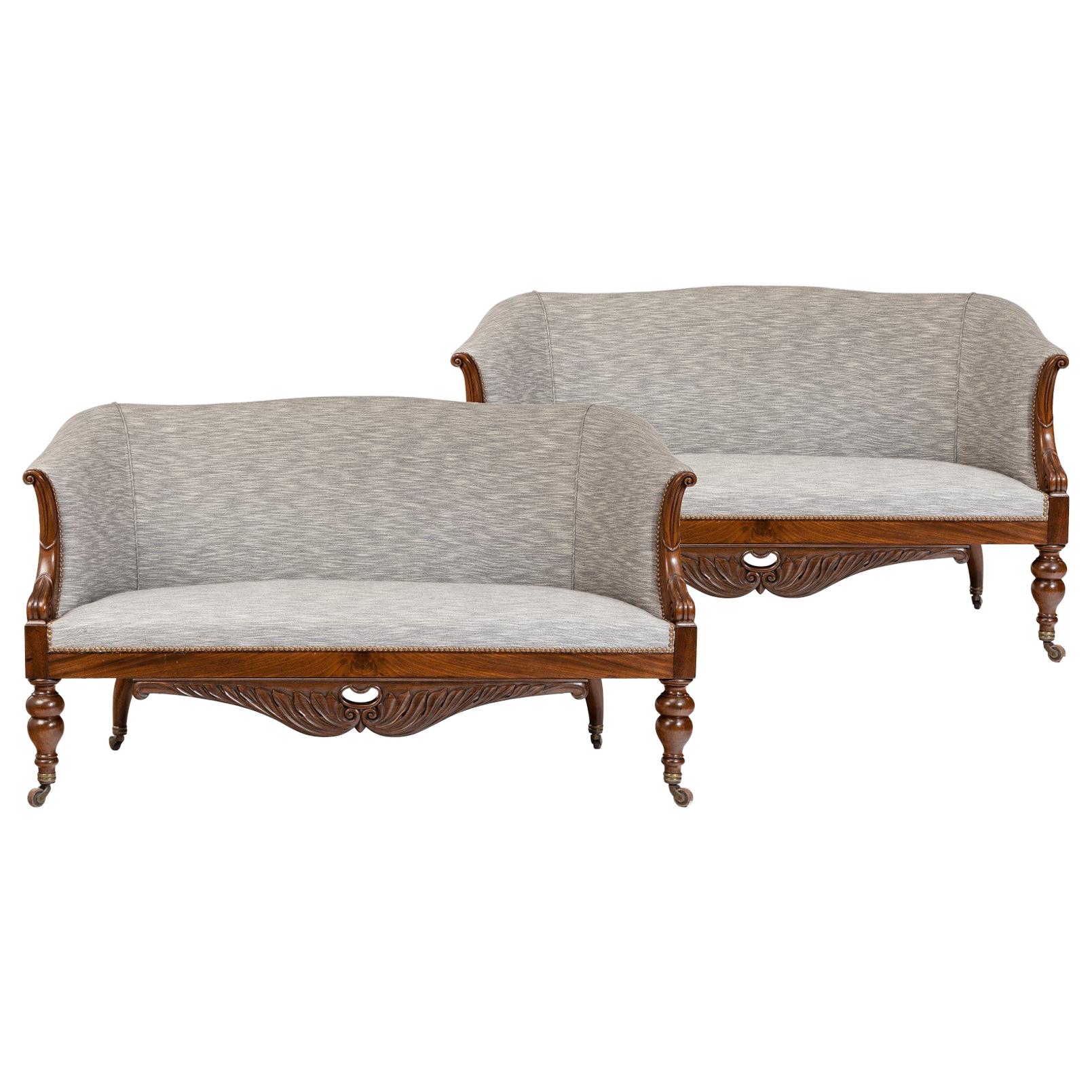 Pair of Charles X Sofas with Carved Mahogany Showwood Frames For Sale