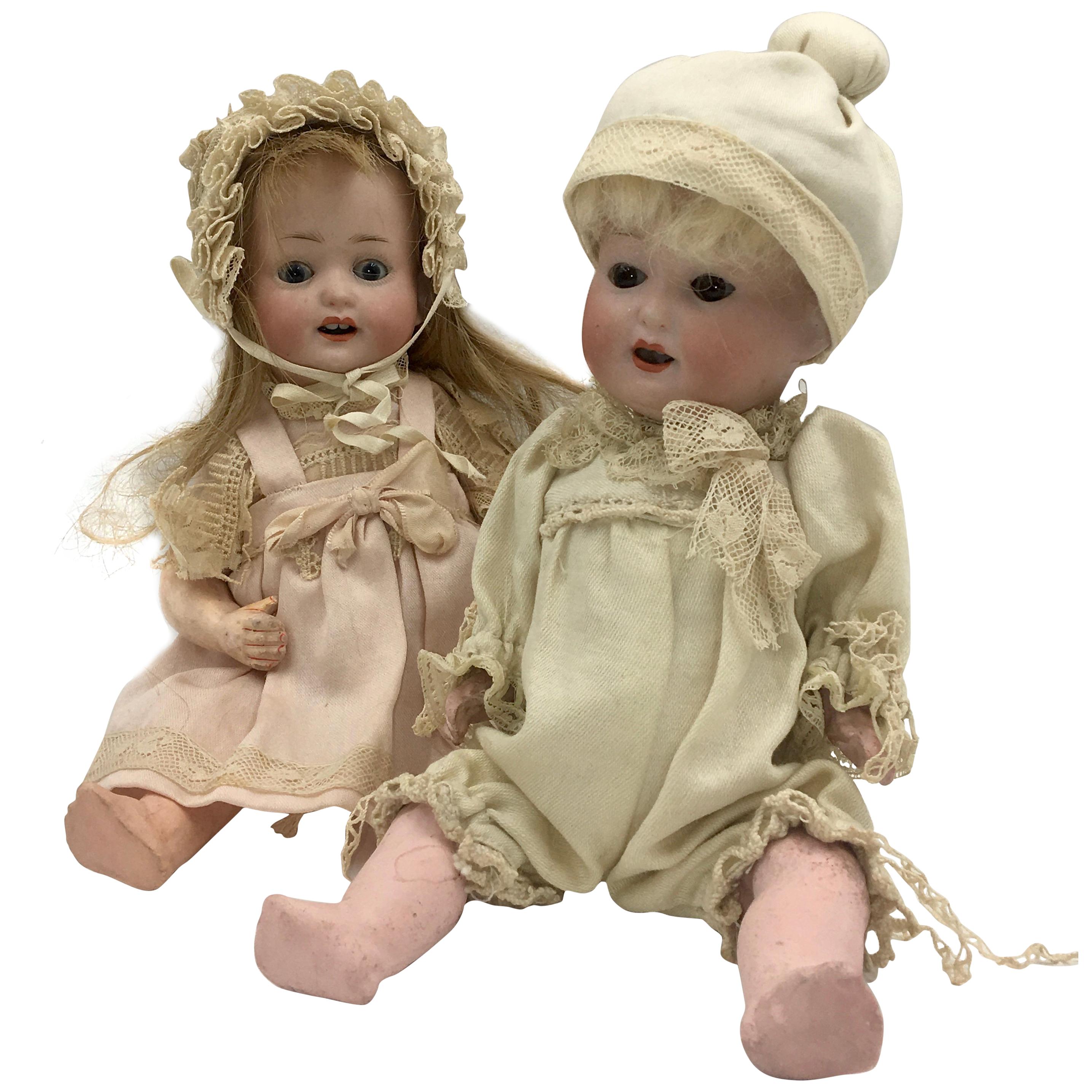 German Character Girl and Boy Marked, Bisque Head, Heubach Köppelsdorf Germany  For Sale