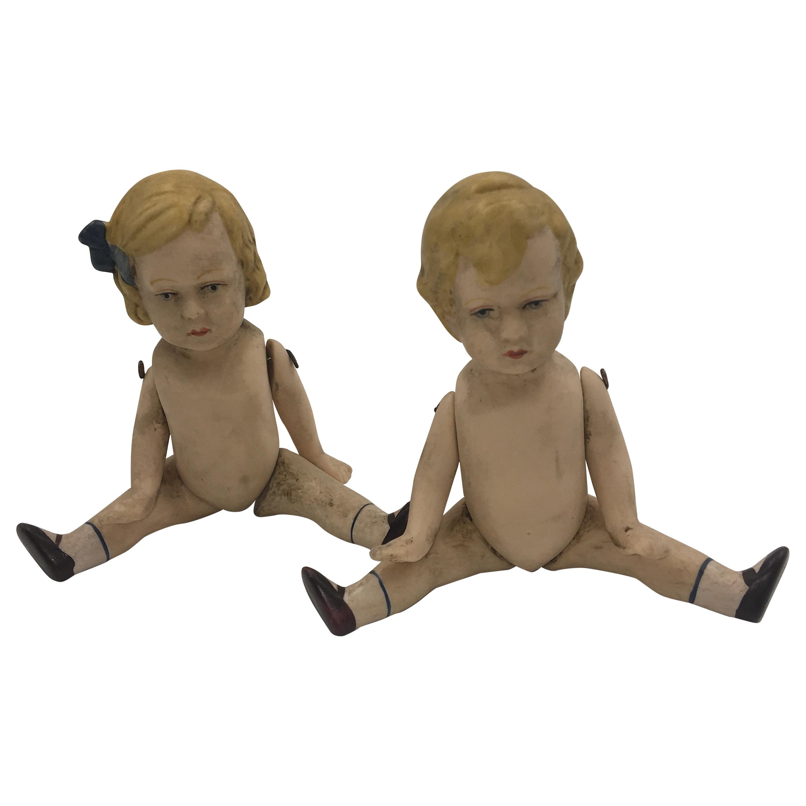 2 Bisque Dolls, Boy and Girl, circa 1930 For Sale