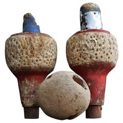 Pair of French colored Quille et boule en bois hand carved wooden Items
