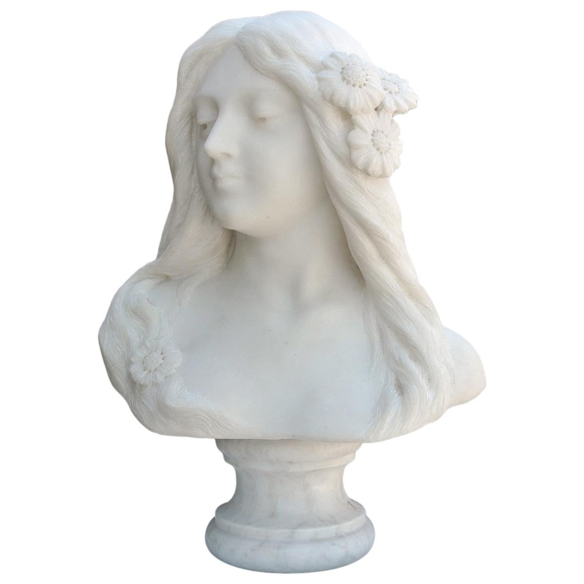 Art Nouveau Carved Alabaster Bust of Young Woman, circa 1890