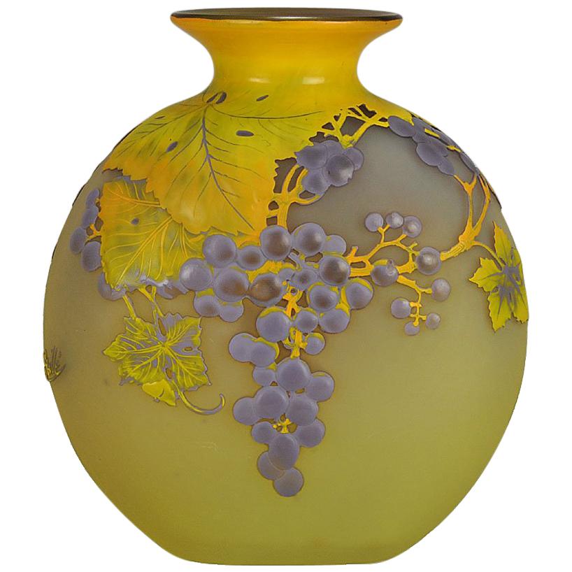 Art Nouveau French Cameo Glass "Rainins Soufflé Vase" by Emile Gallé