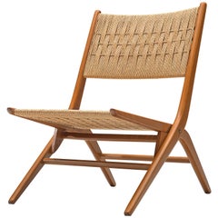 Vintage French Folding Slipper Chair with Woven Seat