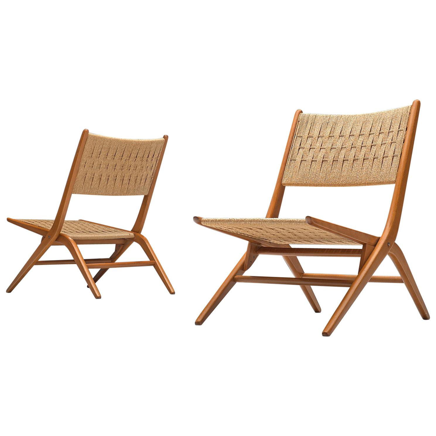 French Folding Slipper Chairs with Woven Seat