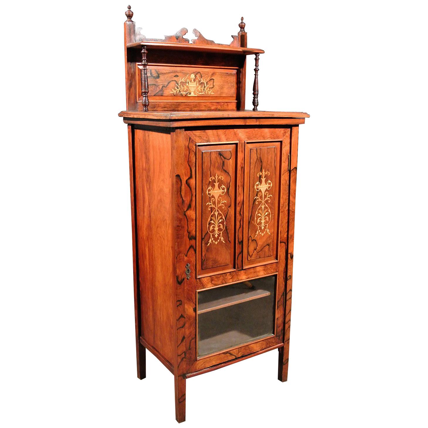 Art Nouveau Marquetry Inlaid Rosewood Display Cabinet, circa 1880 For Sale