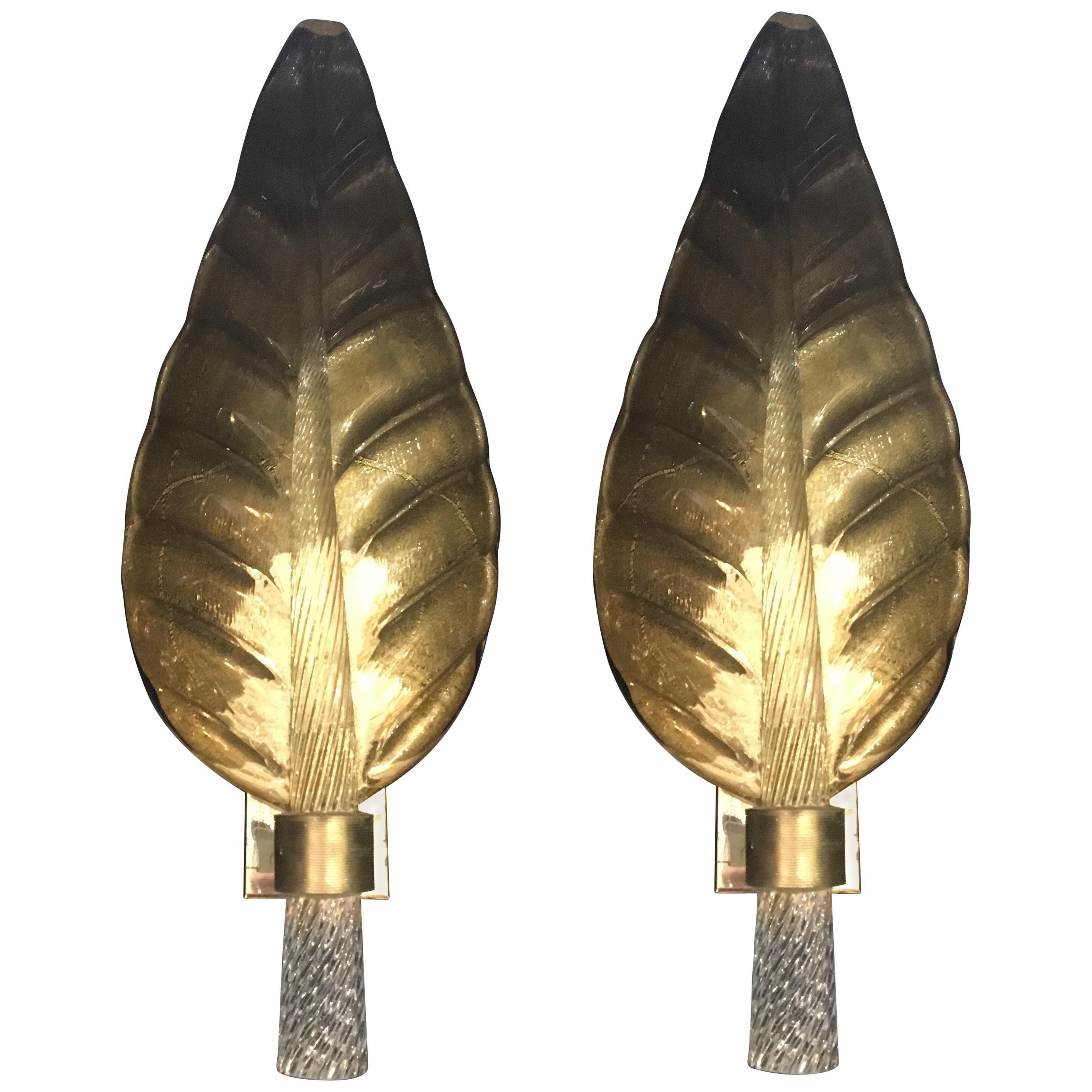 Pair of Murano Glass Gold Leaf Sconces, 1940s