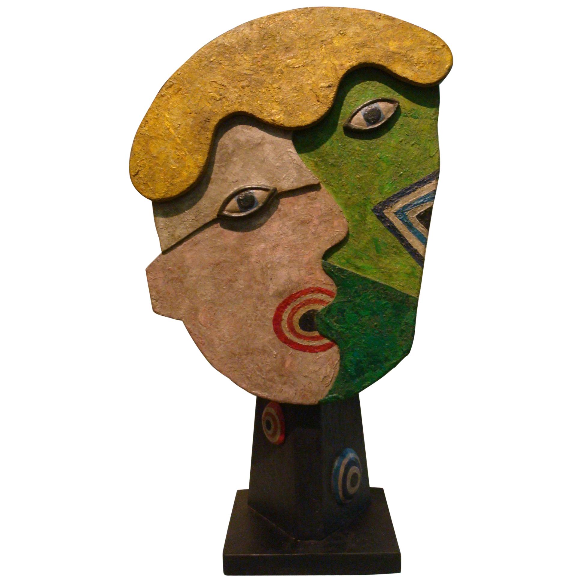 Mid-Century Wooden Face Sculpture of Two People Talking