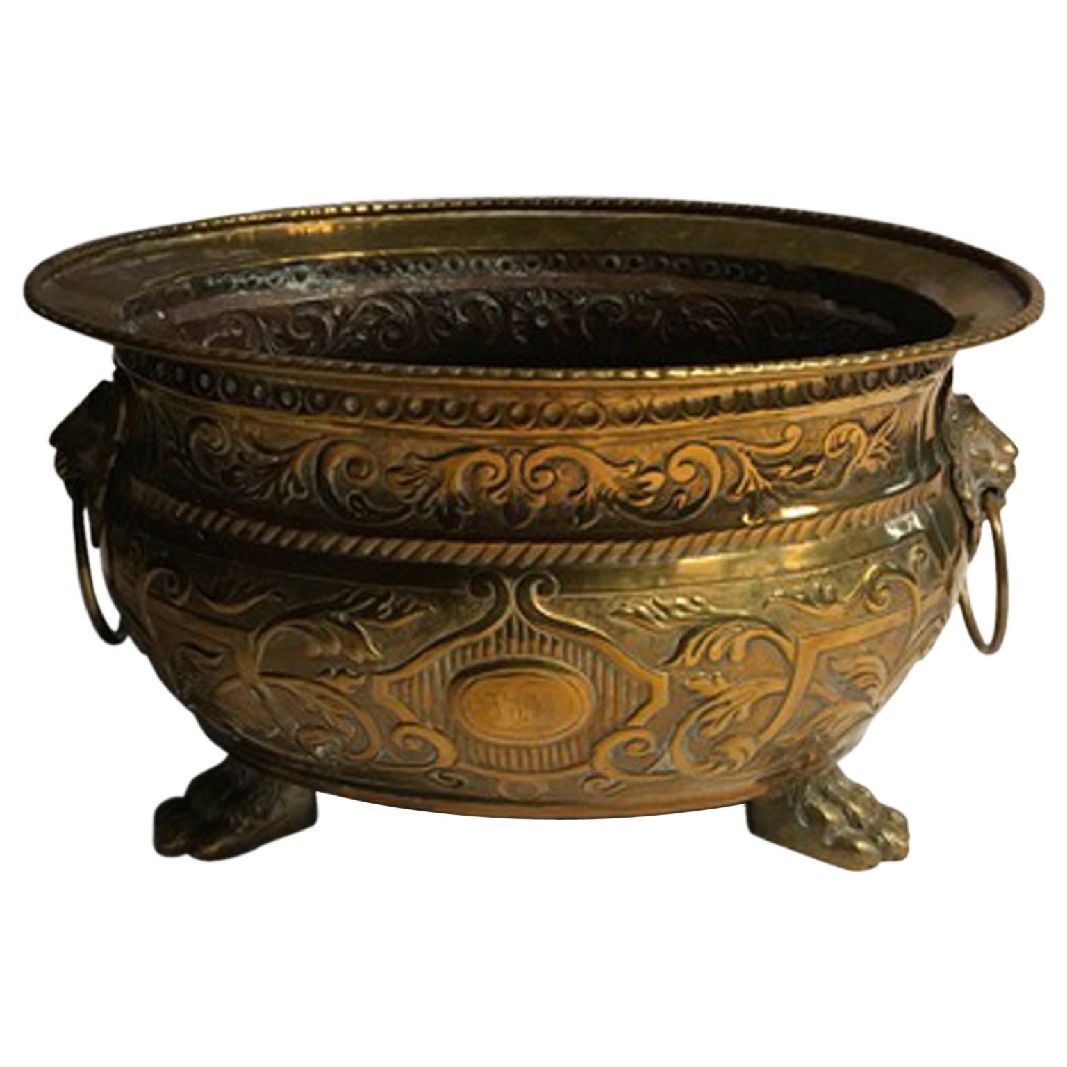  Early 20th Century Italy Brass Planter Bowl with Lions Heads For Sale