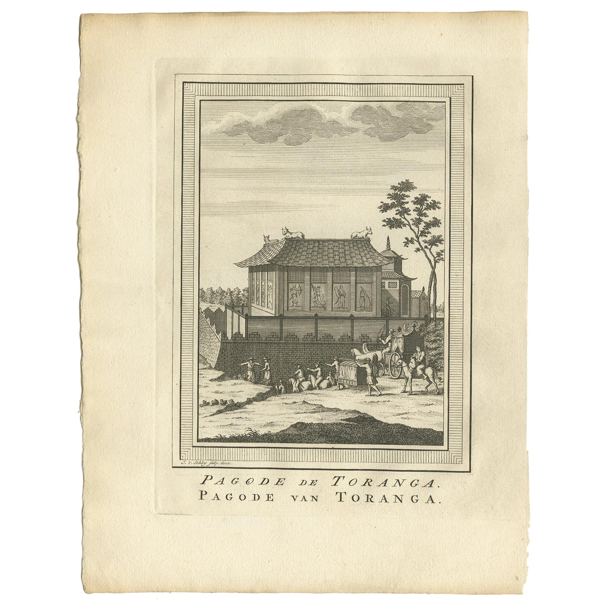 Antiker Druck der Pagode Toranga von Van Schley, 1758 im Angebot