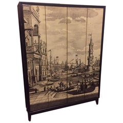 Vintage 20th Century Black and white silk-screened wardrobe, 1950 Italy