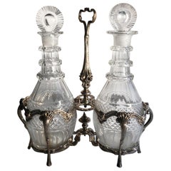 Antique London 1750 George IV Silver Cruet Service Set with Two Cut Glass Bottles