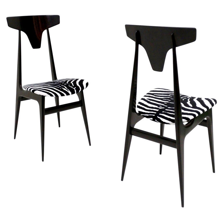 Pair of Vintage Zebra Print Velvet Side Chairs with Ebonized Wood Frame, Italy For Sale