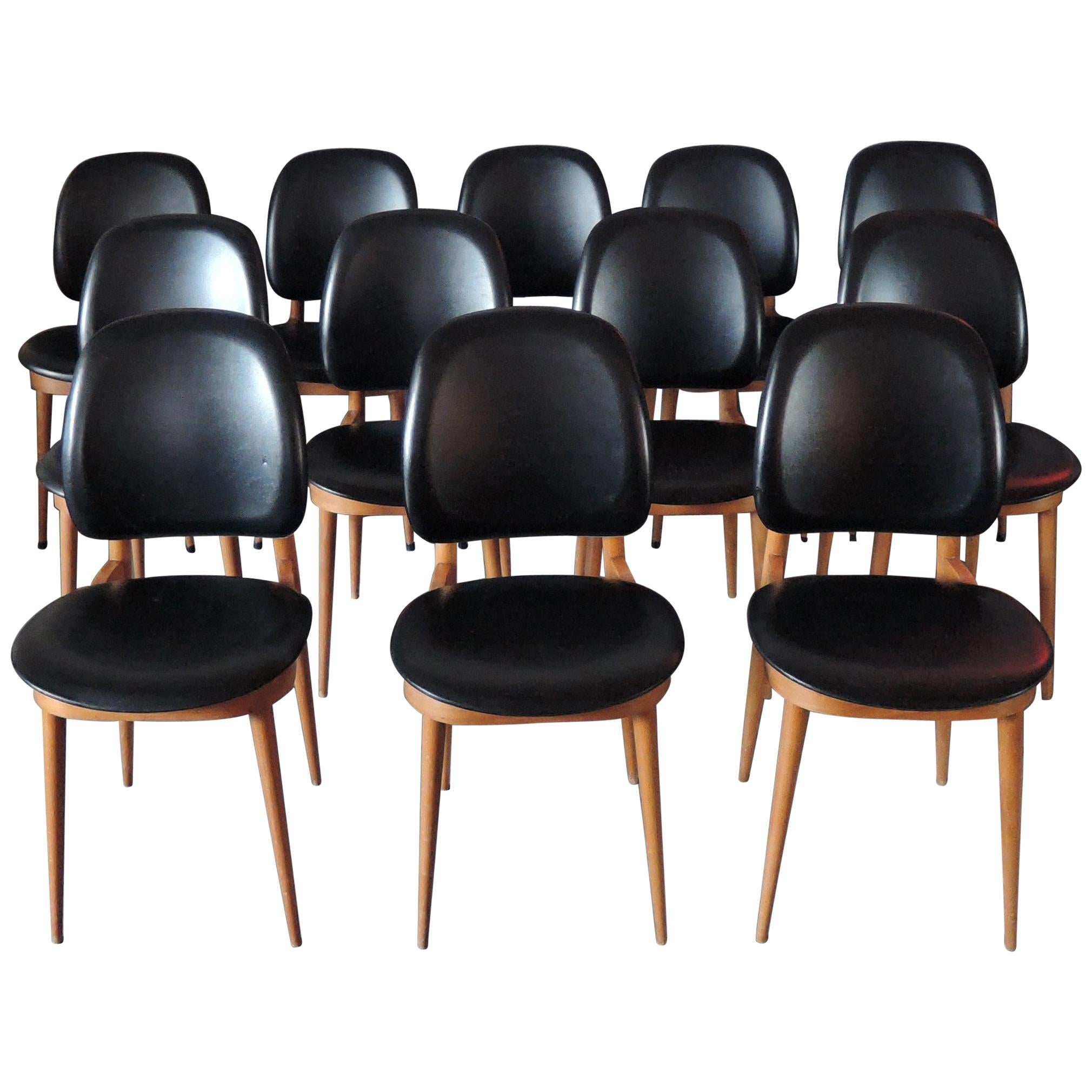 12 French 1960s Beech and Naugahyde "Pégase" Chairs by Baumann