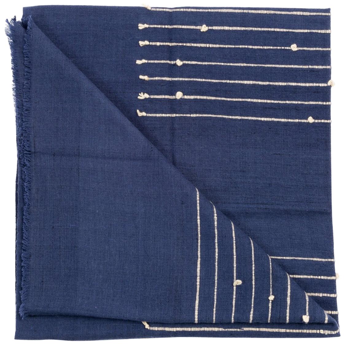 Rosewood Indigo Handloom Throw In Rich Indigo Blue, Cream Hand Knotted Stripes For Sale