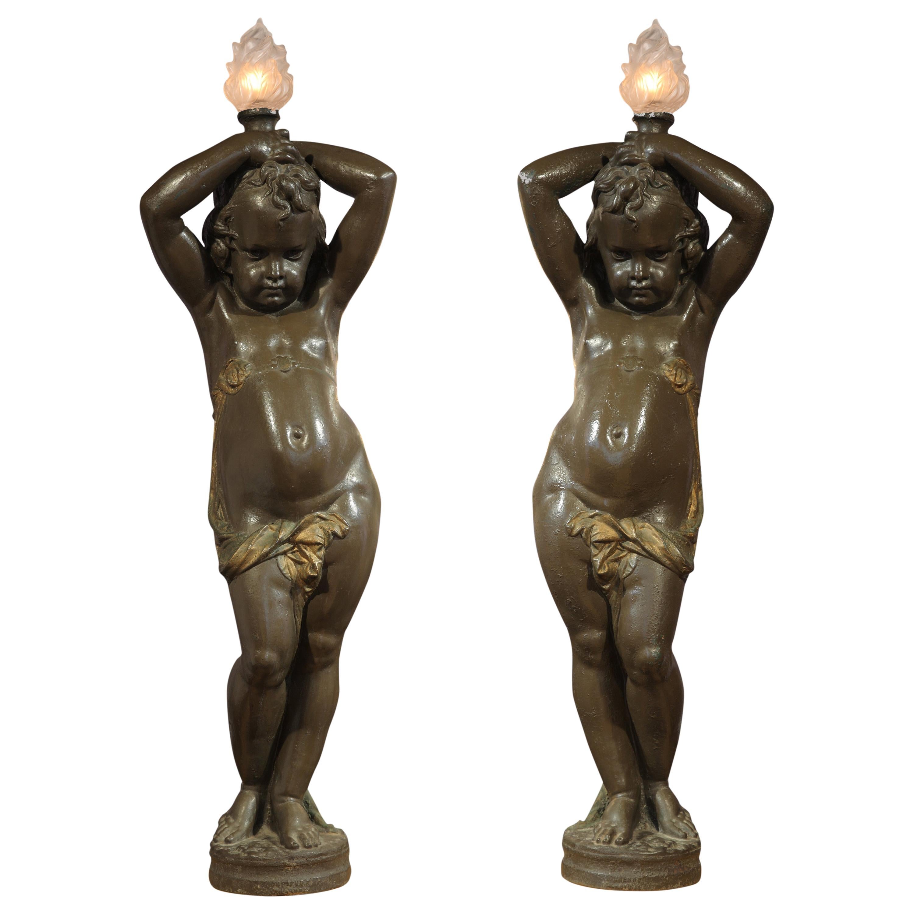 Pair of Putti Torcheres by A. Durenne & A-E Carrier-Belleuse, France, Circa 1880