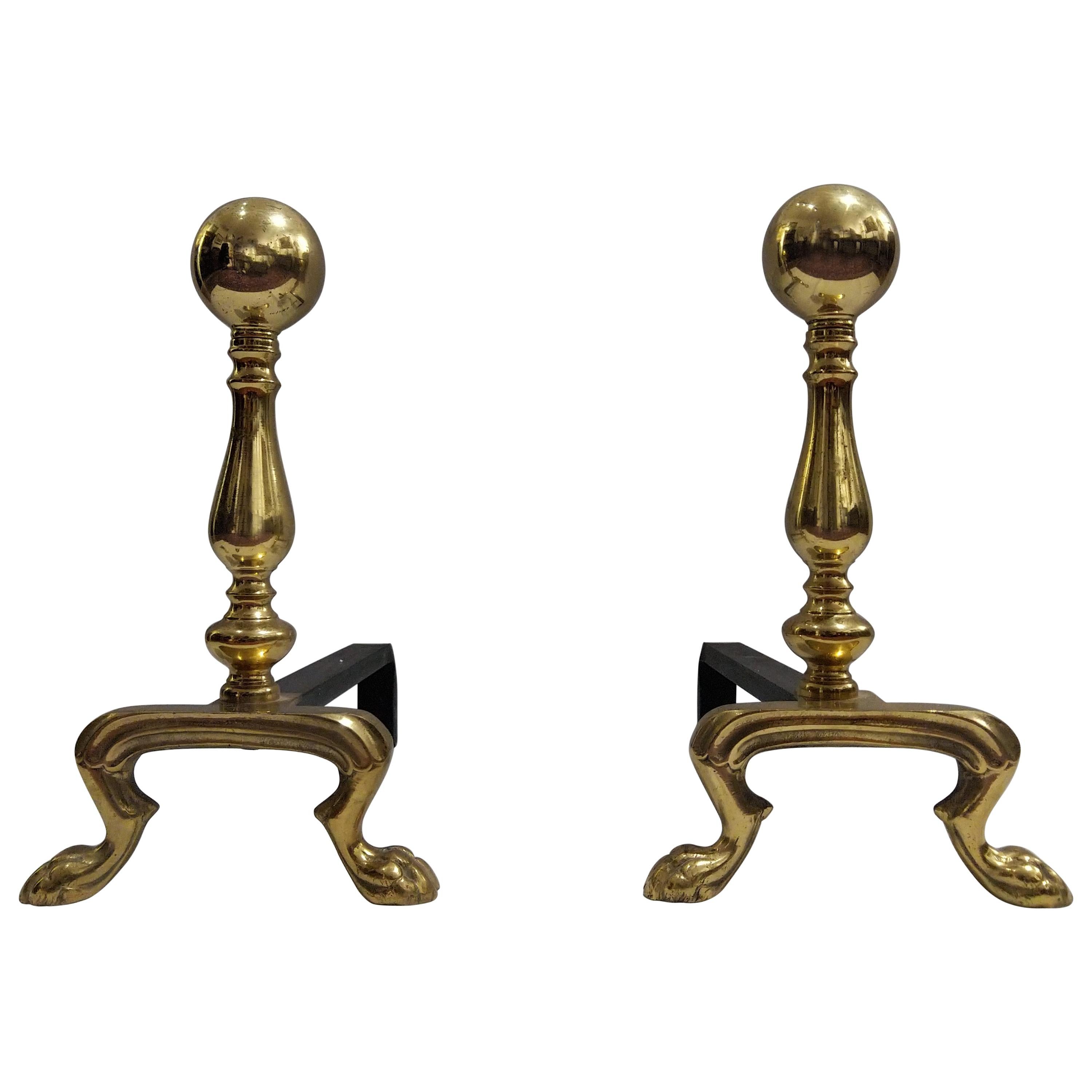 Pair of Late 19th Century Empire Polished Brass and Iron Andirons  For Sale