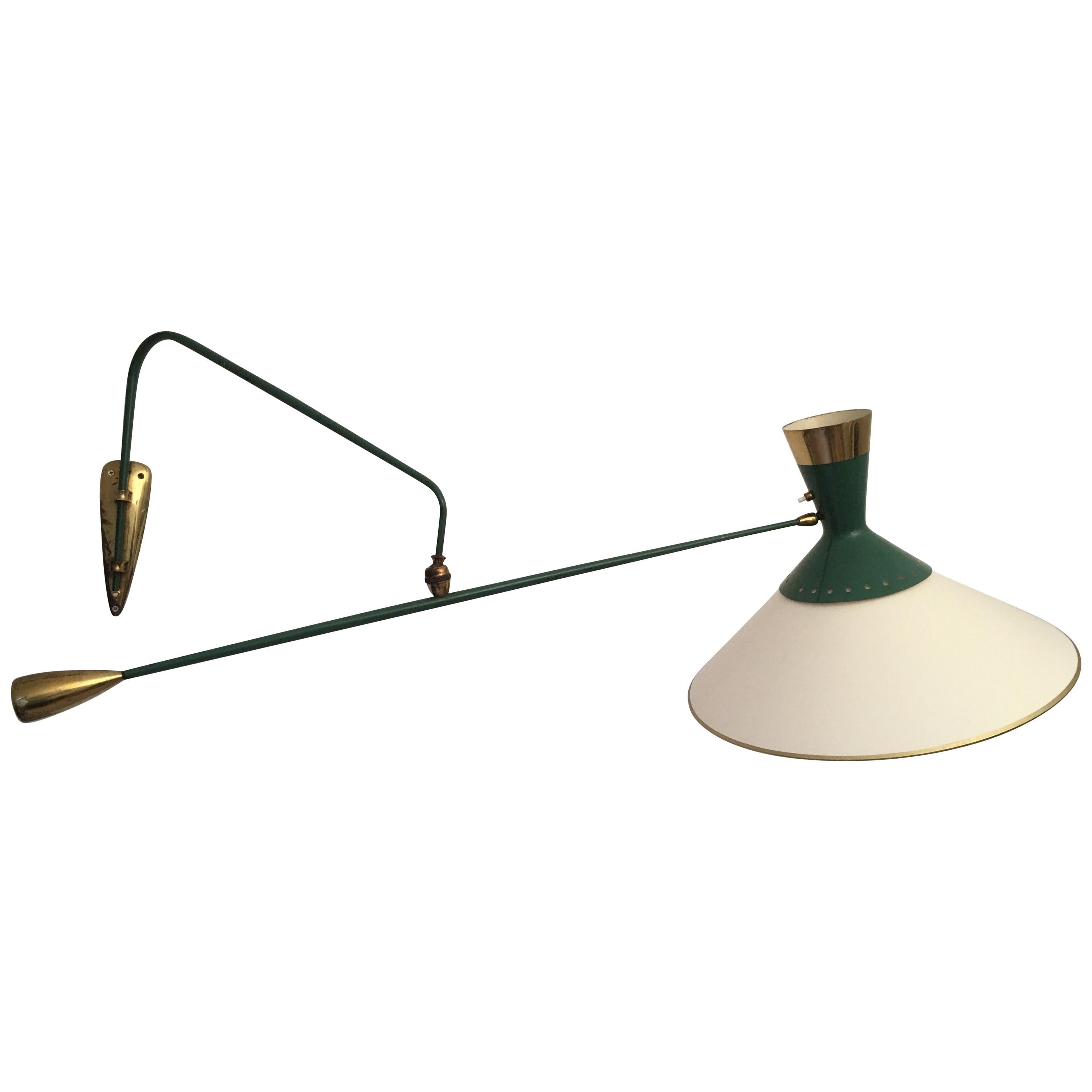 Arlus Green and Gilt Counter Balance Swing Arm Wall Lamp, French 1950s For Sale