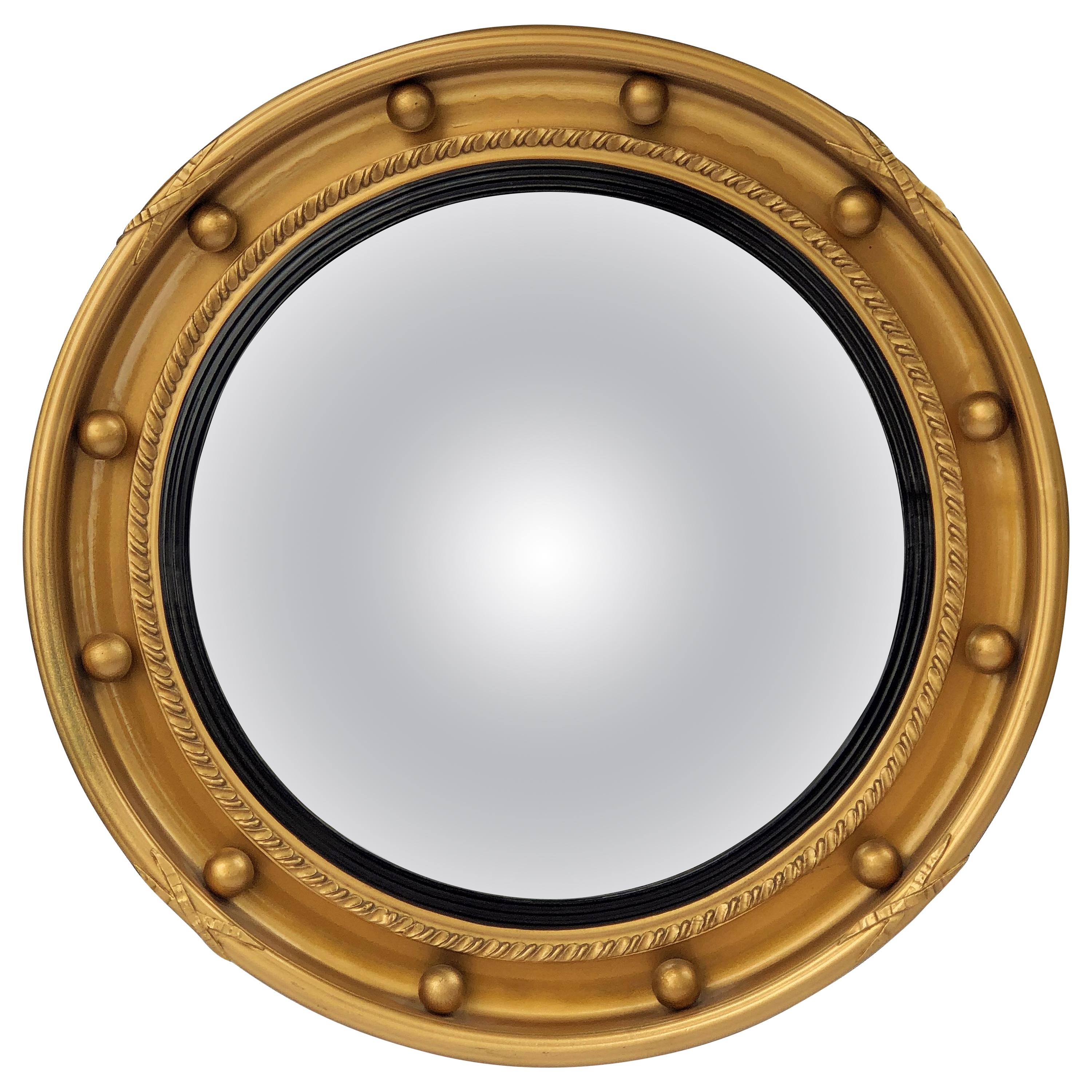 English Round Gilt Framed Convex Mirror (Diameter 16)