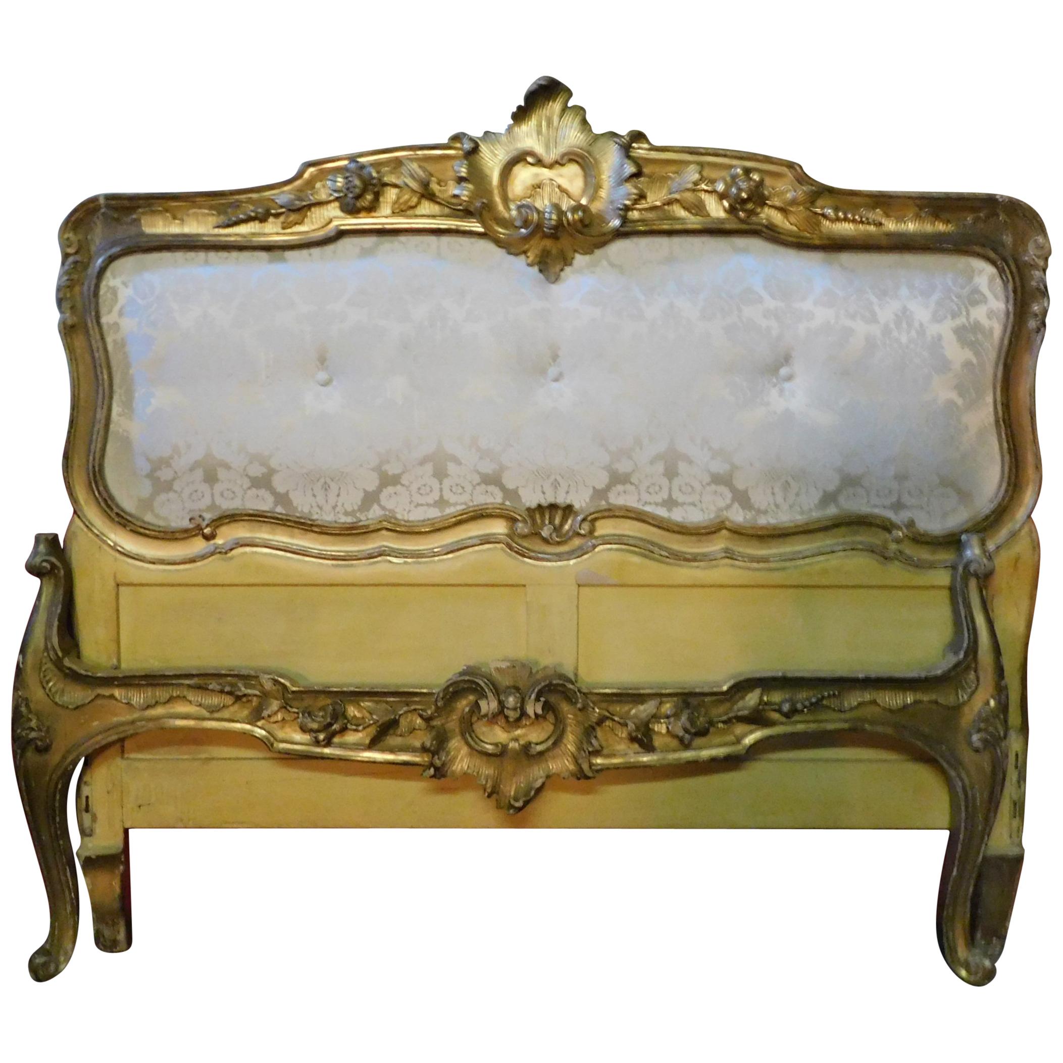 19th Century Antique Golden Bed with Damask Lined Headboard