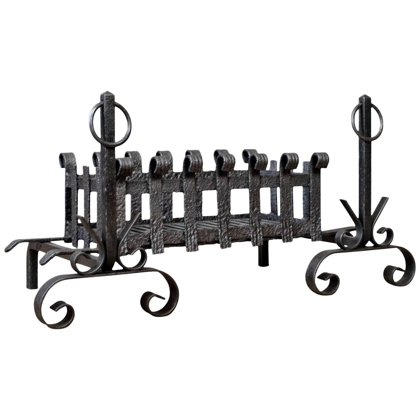 Antique Fire Basket on Andirons, Fire Dogs, English, Fireplace Grate, circa 1900