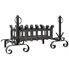 Antique Fire Basket on Andirons:: Fire Dogs:: English:: Fireplace Grate:: circa 1900