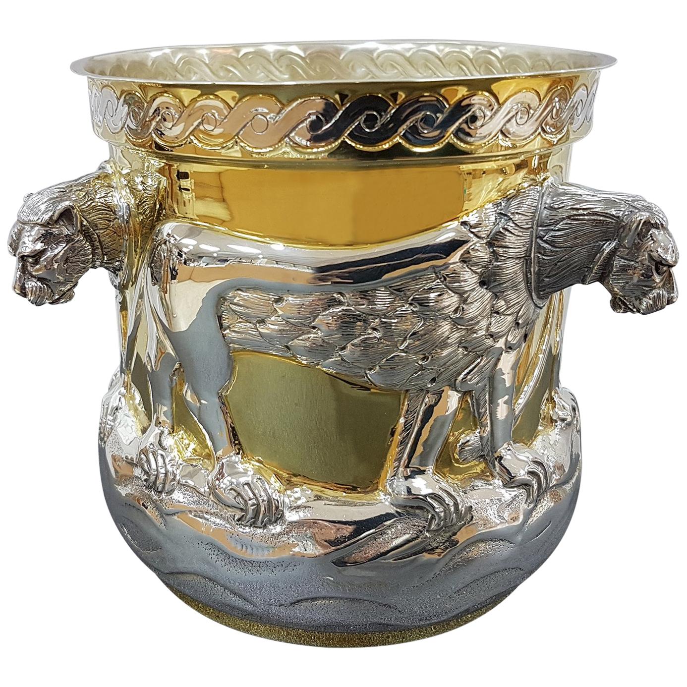 Italian 20th Century Partially Gilded Sterling Silver Ice Bucket with Lions