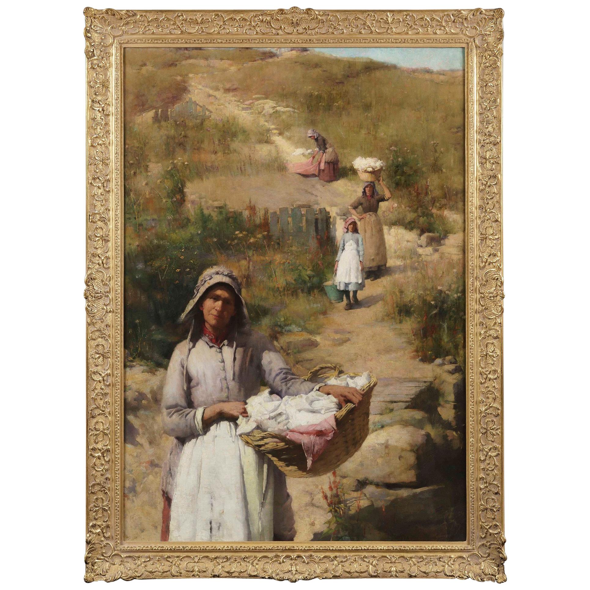 Rare grande peinture à l’huile, « Les Lavandières » de Sir William Llewellyn PRA