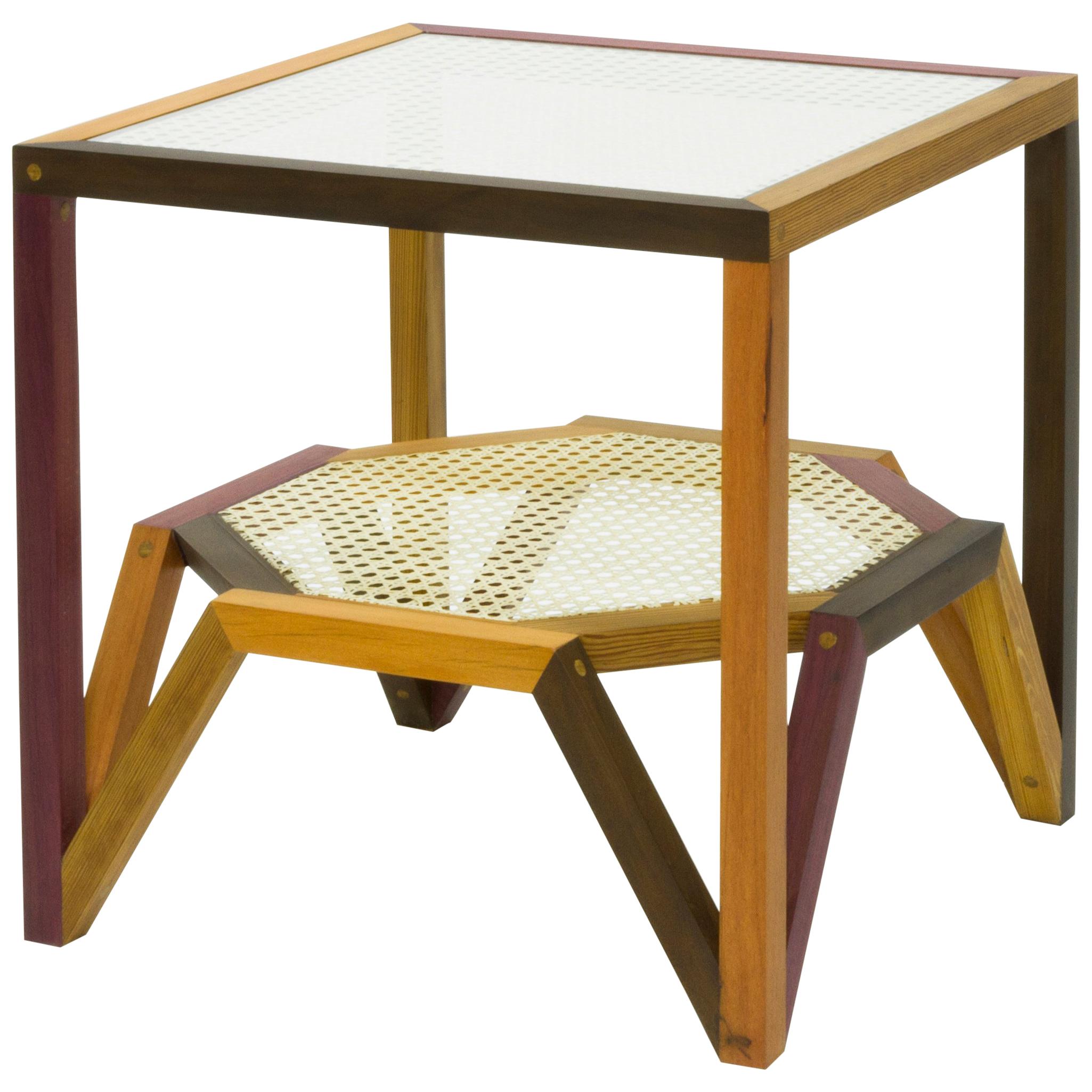 Side Table in Multiple Hardwood and Woven Cane, Brazilian Contemporary Design For Sale