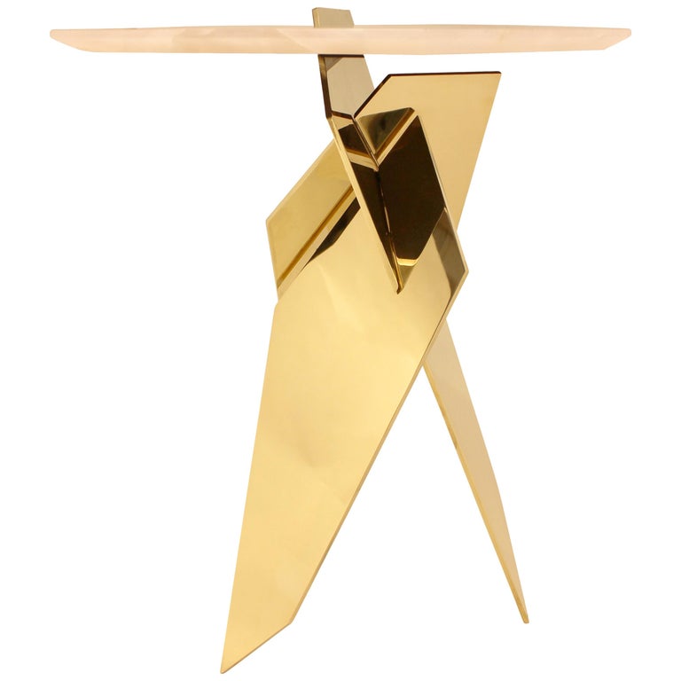 Sculptural Shard Table in Polished Bronze with Pink Onyx Top 1