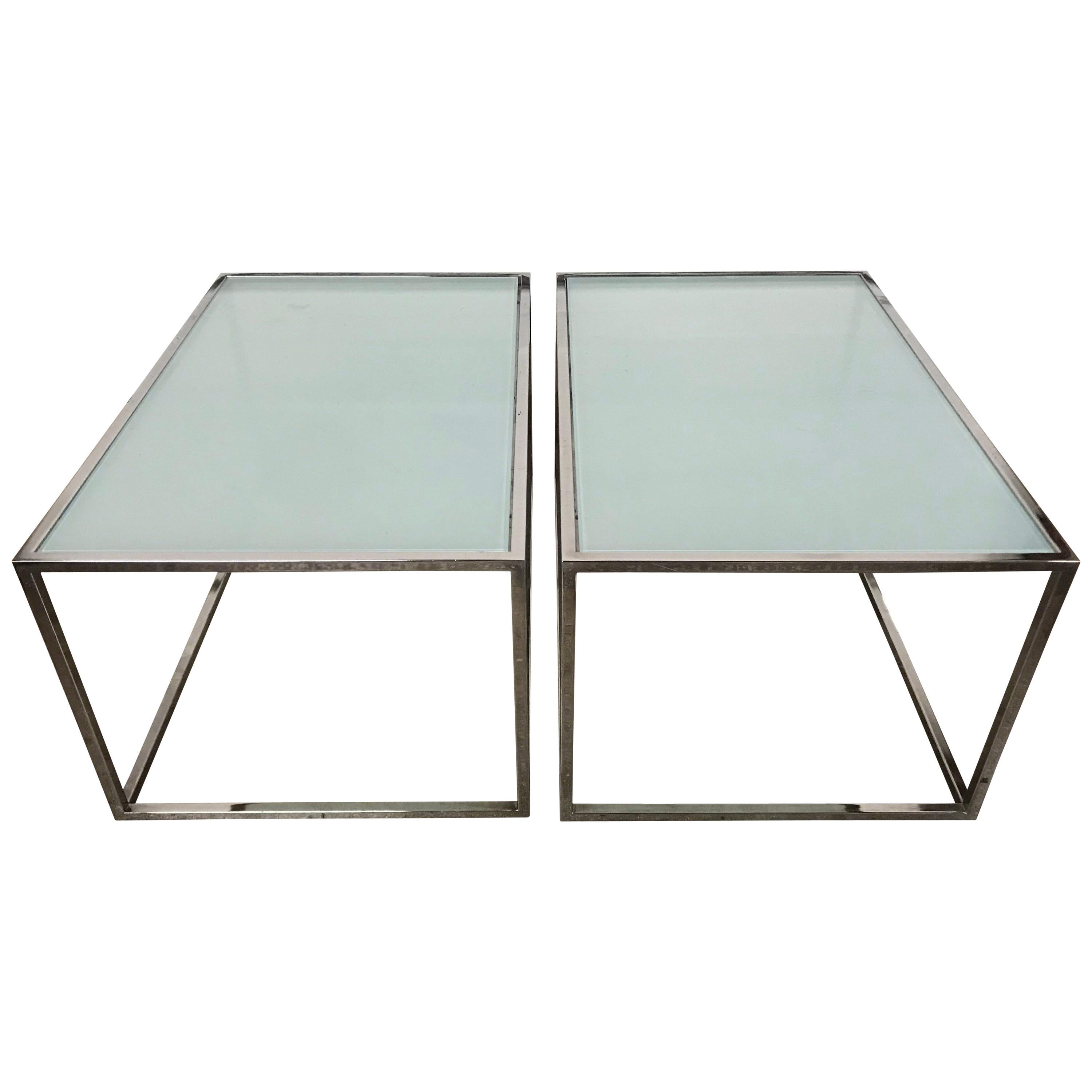 Pair Chrome and Frosted Glass Tables in the Style of Milo Baughman, circa 1970s. For Sale