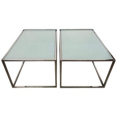 Vintage Pair Chrome and Frosted Glass Tables in the Style of Milo Baughman, circa 1970s.