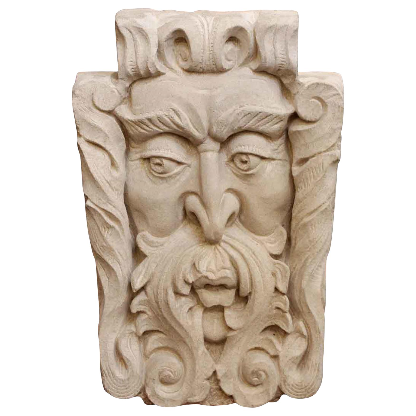 Figural Windface Carved Tan Limestone Frieze