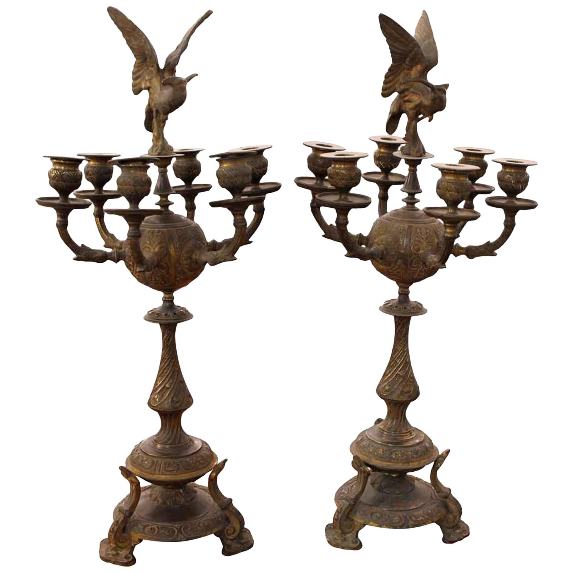 1880s Pair Solid Bronze 6 Arm Ornate Candelabras Heron Bird Details