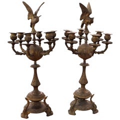 1880s Pair of Solid Bronze Six-Arm Ornate Candelabras and Heron Bird Details