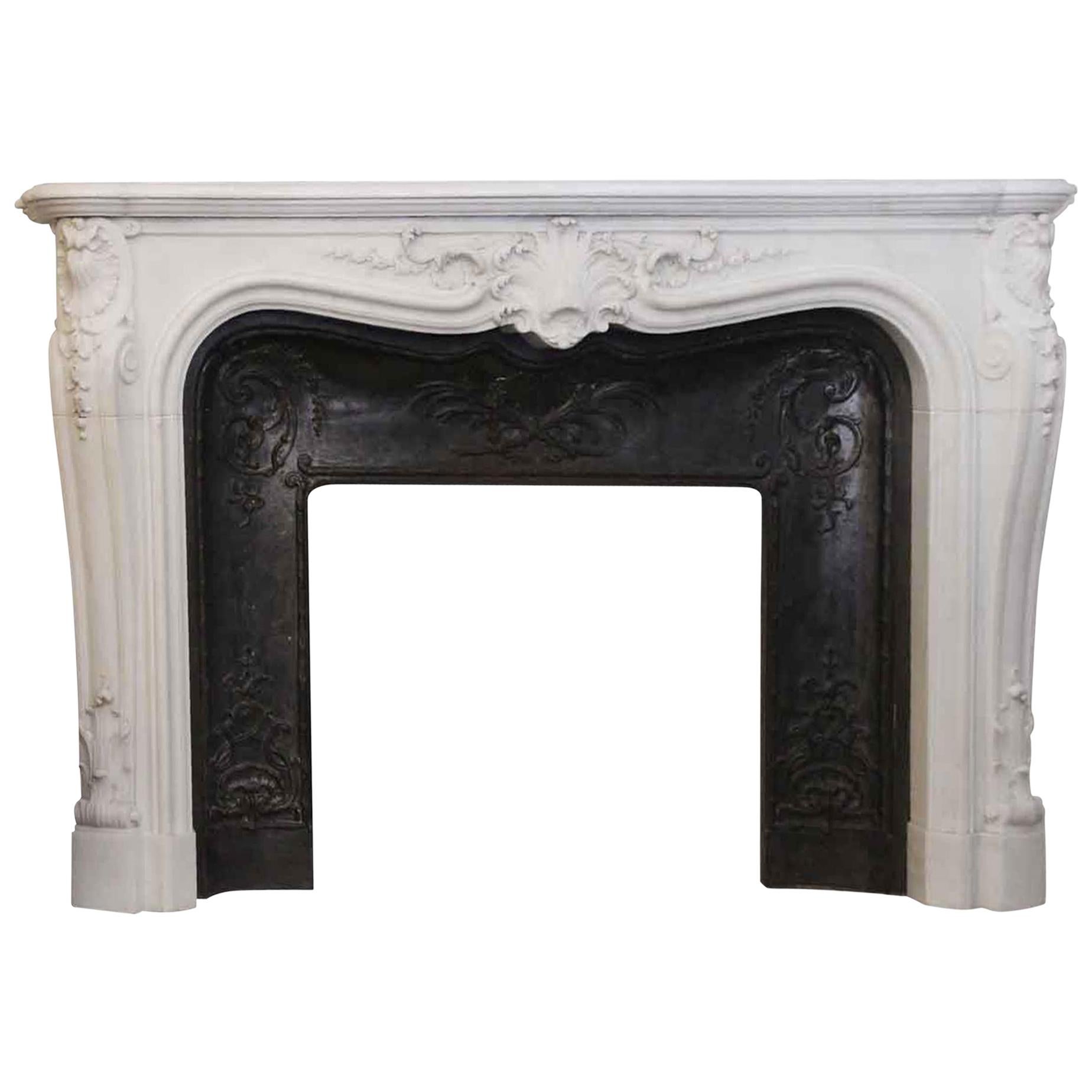 1870s French Heavily Hand Carved Marble Mantel with Cast Iron Insert