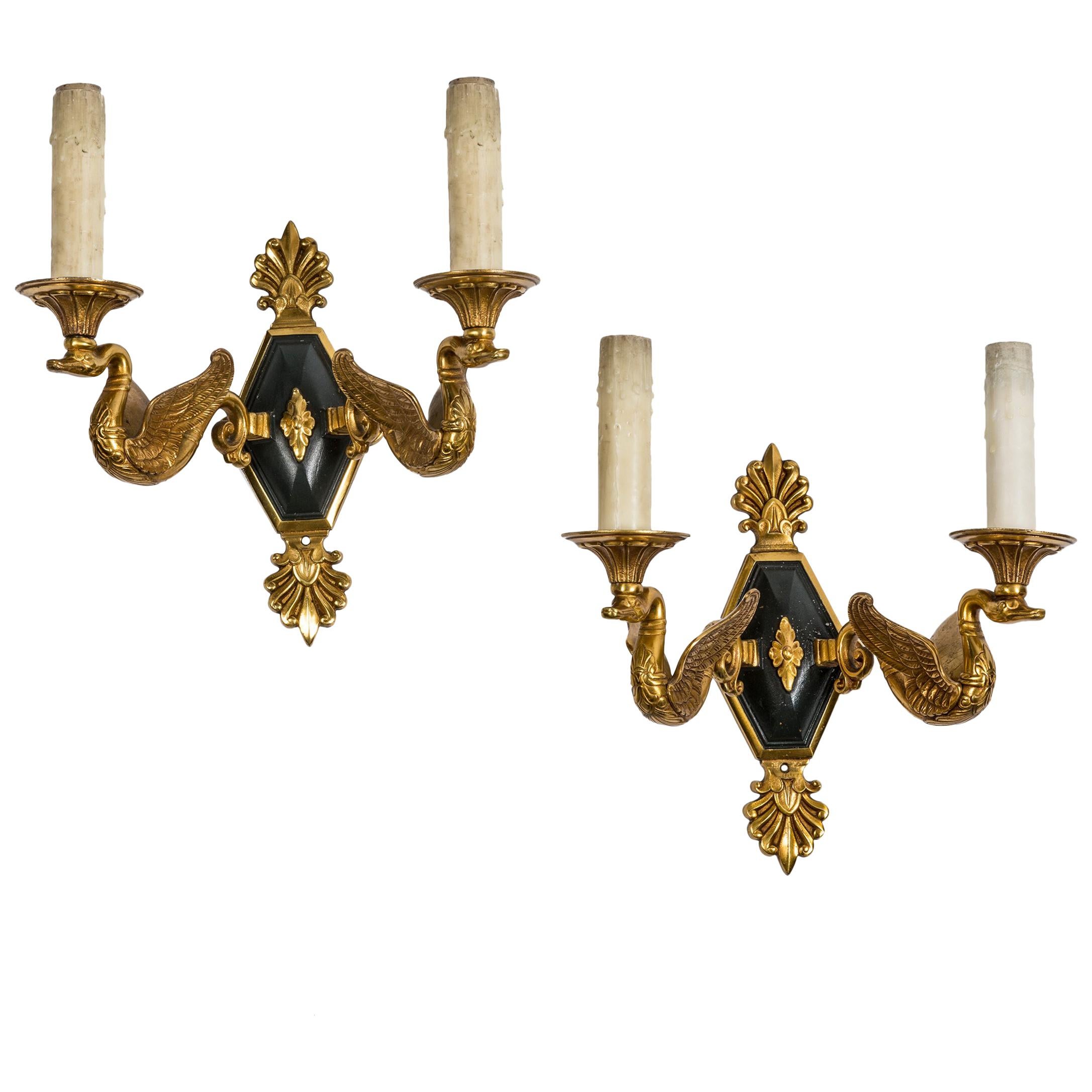 Pair of French 1940s Bronze Empire Style Swan Light Sconces