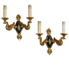 Pair of French 1940s Bronze Empire Style Swan Light Sconces