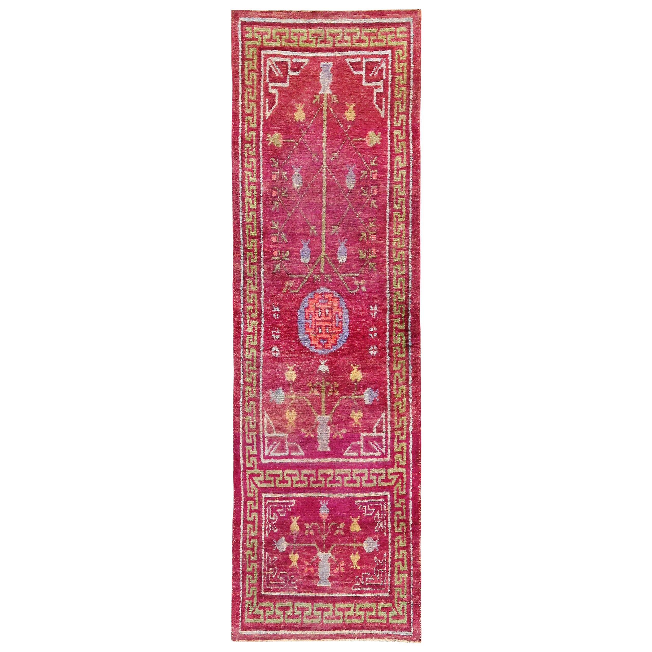 Small Pomegranate Design Antique Purple Silk Khotan Runner Rug